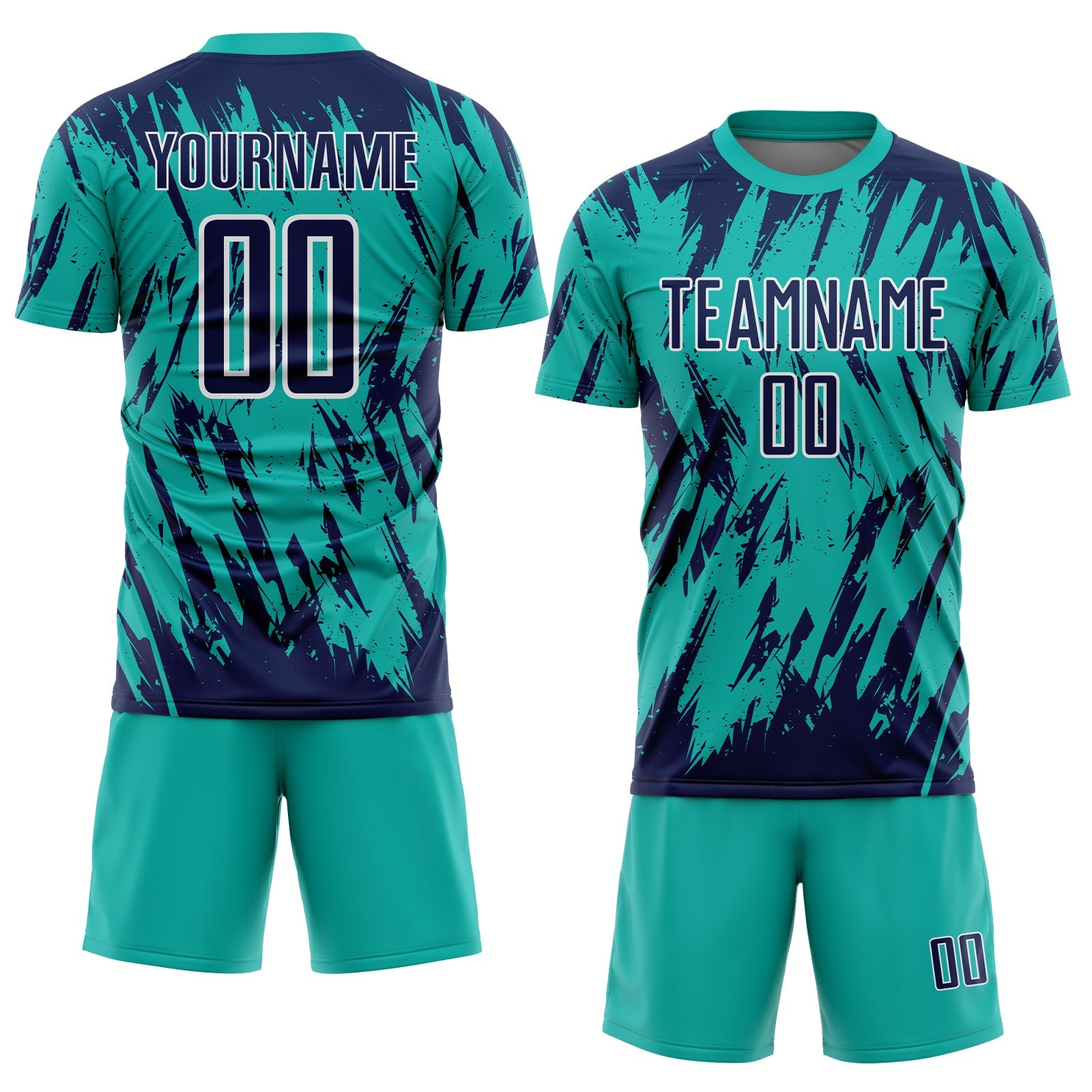 Custom Aqua Navy-White Splatter Torn Sharp Brush Stroke Sublimation Soccer Uniform Jersey