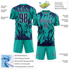 Custom Aqua Navy-White Splatter Torn Sharp Brush Stroke Sublimation Soccer Uniform Jersey