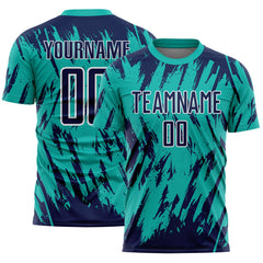 Custom Aqua Navy-White Splatter Torn Sharp Brush Stroke Sublimation Soccer Uniform Jersey