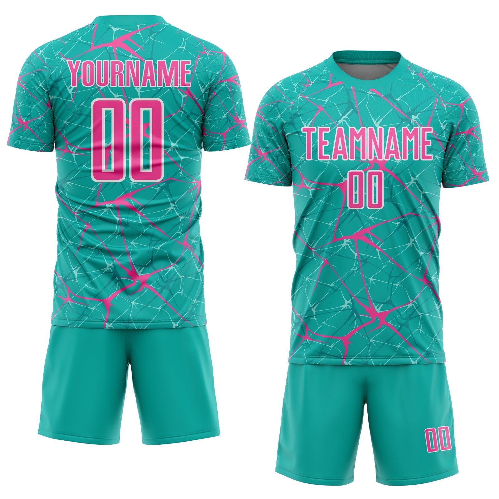 Custom Aqua Pink-White Abstract Network Crackle Sublimation Soccer Uniform Jersey