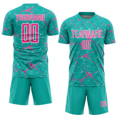 Custom Aqua Pink-White Abstract Network Crackle Sublimation Soccer Uniform Jersey