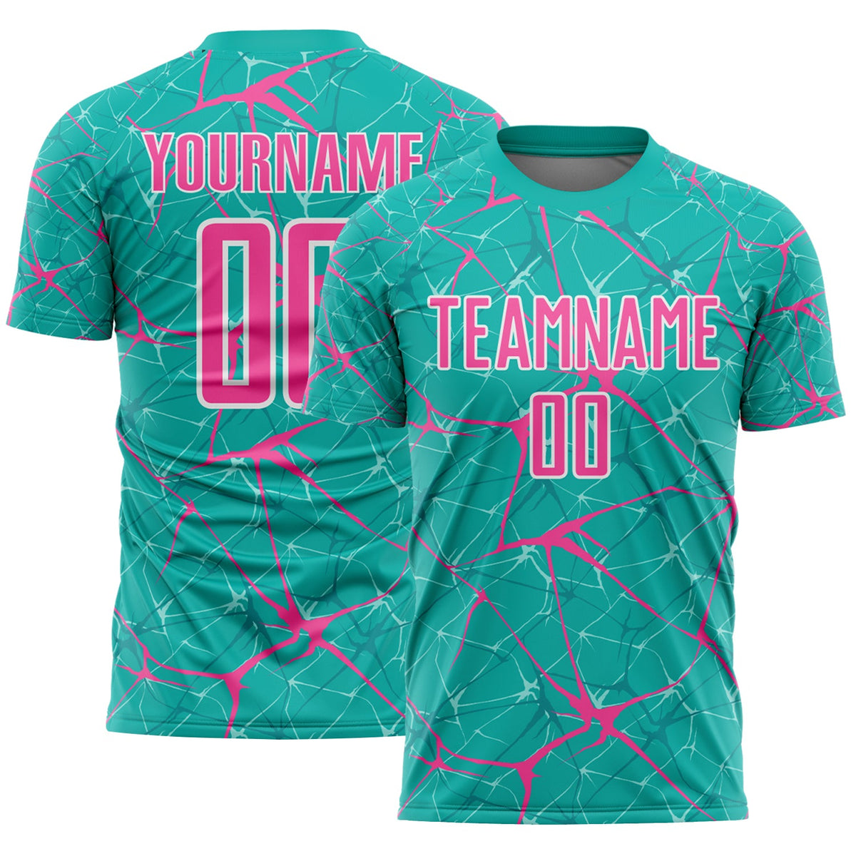 Custom Aqua Pink-White Abstract Network Crackle Sublimation Soccer Uniform Jersey