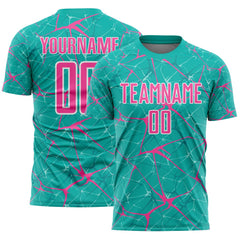 Custom Aqua Pink-White Abstract Network Crackle Sublimation Soccer Uniform Jersey