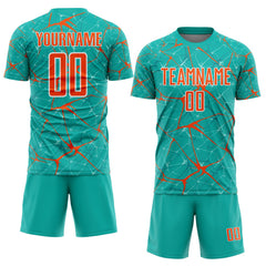 Custom Aqua Orange-White Abstract Network Crackle Sublimation Soccer Uniform Jersey