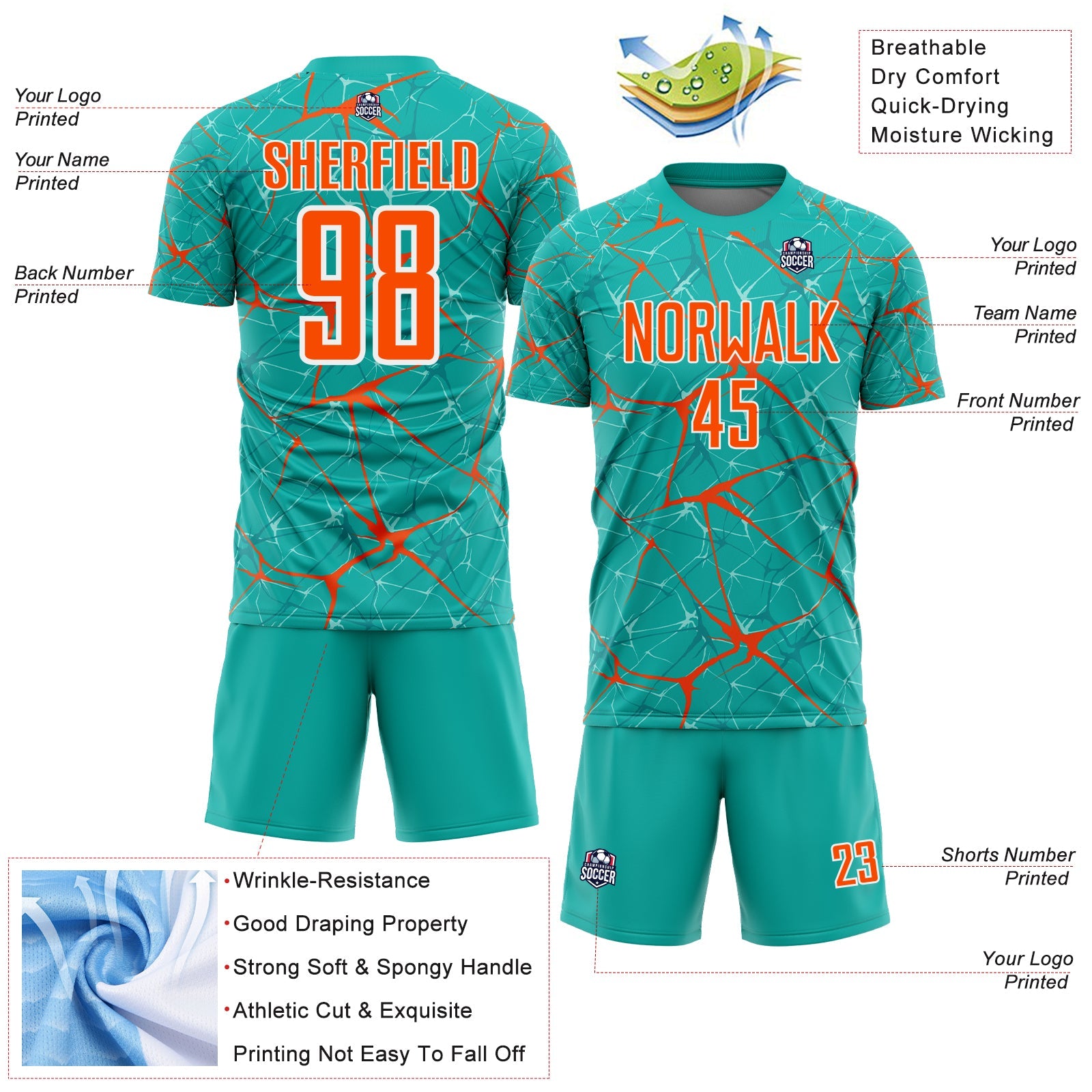 Custom Aqua Orange-White Abstract Network Crackle Sublimation Soccer Uniform Jersey