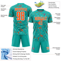 Custom Aqua Orange-White Abstract Network Crackle Sublimation Soccer Uniform Jersey