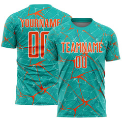 Custom Aqua Orange-White Abstract Network Crackle Sublimation Soccer Uniform Jersey