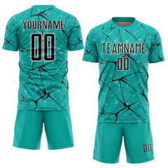 Custom Aqua Black-White Abstract Network Crackle Sublimation Soccer Uniform Jersey