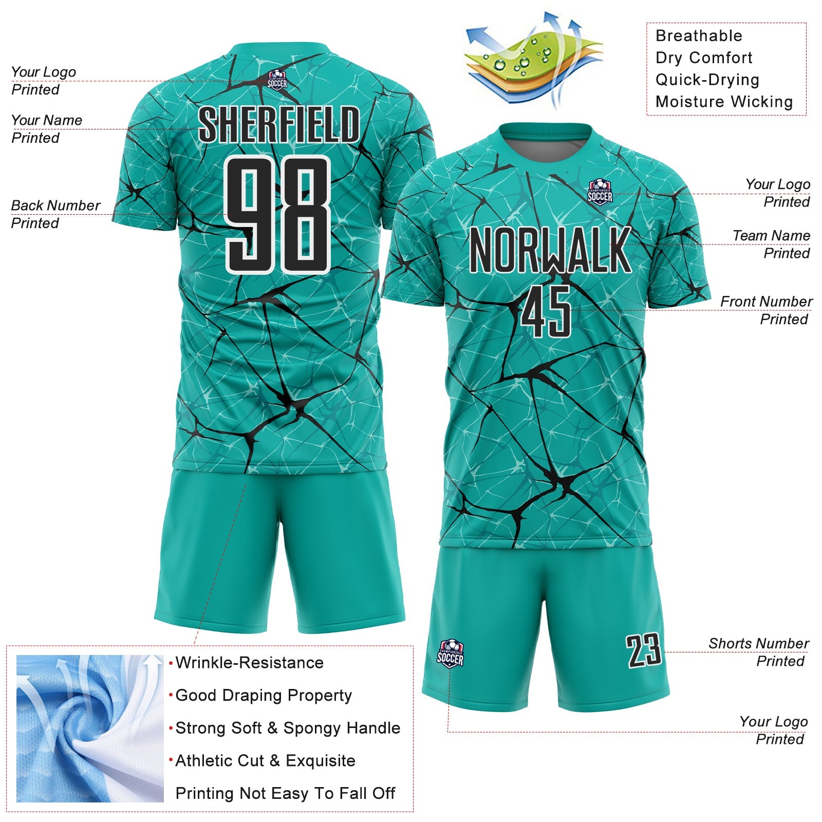 Custom Aqua Black-White Abstract Network Crackle Sublimation Soccer Uniform Jersey