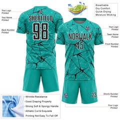 Custom Aqua Black-White Abstract Network Crackle Sublimation Soccer Uniform Jersey