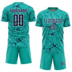 Custom Aqua Navy-White Abstract Network Crackle Sublimation Soccer Uniform Jersey