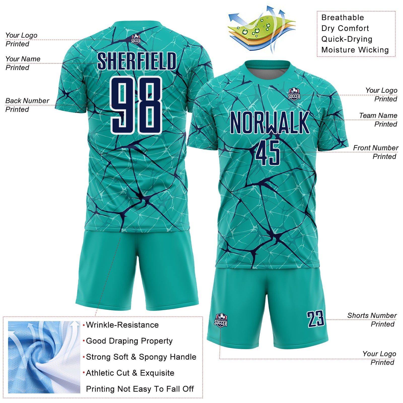 Custom Aqua Navy-White Abstract Network Crackle Sublimation Soccer Uniform Jersey