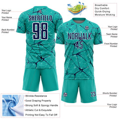 Custom Aqua Navy-White Abstract Network Crackle Sublimation Soccer Uniform Jersey