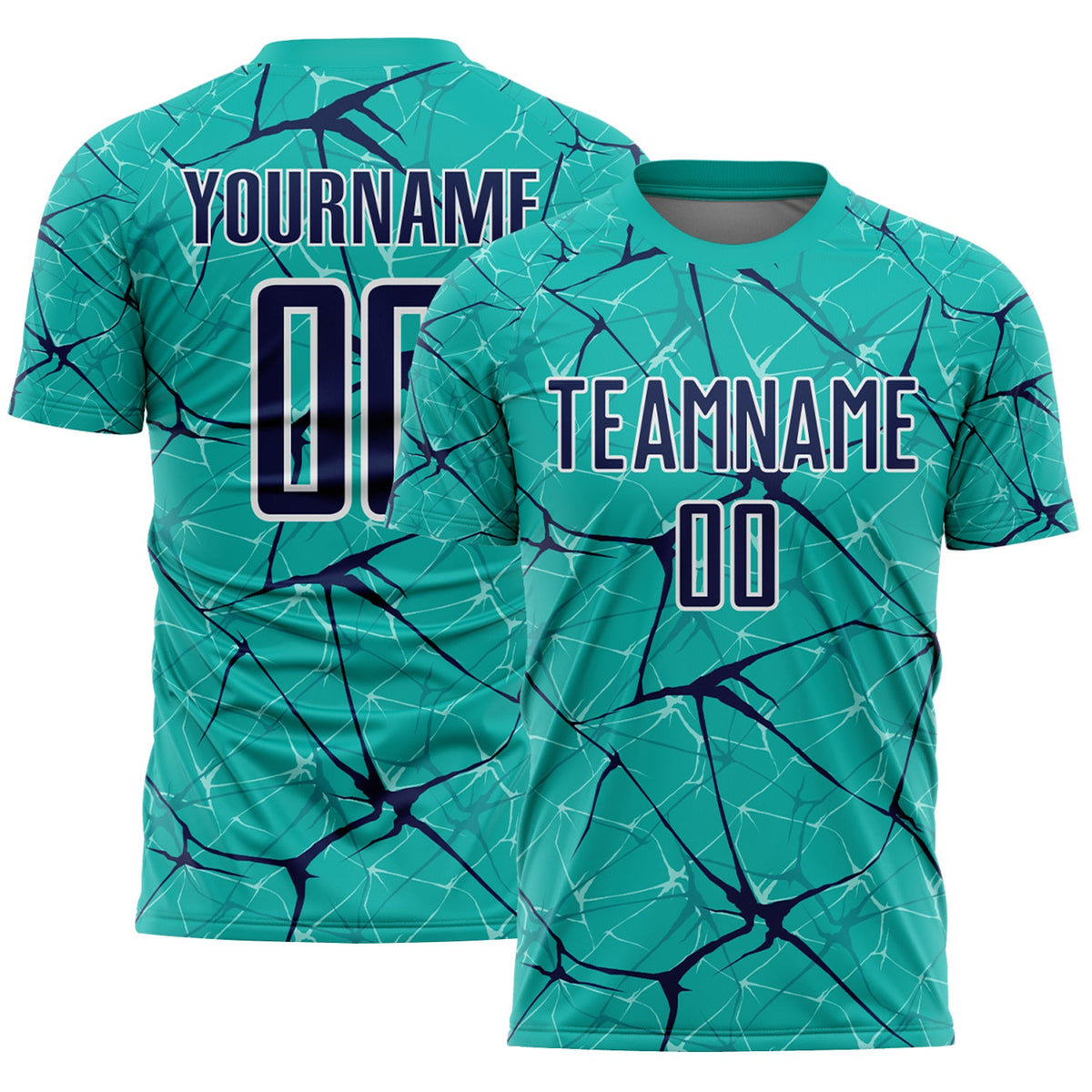 Custom Aqua Navy-White Abstract Network Crackle Sublimation Soccer Uniform Jersey