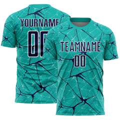 Custom Aqua Navy-White Abstract Network Crackle Sublimation Soccer Uniform Jersey