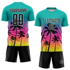 Custom Aqua Black Pink Neon Yellow-White Tropical Hawaii Palm Trees Gradient Sublimation Soccer Uniform Jersey