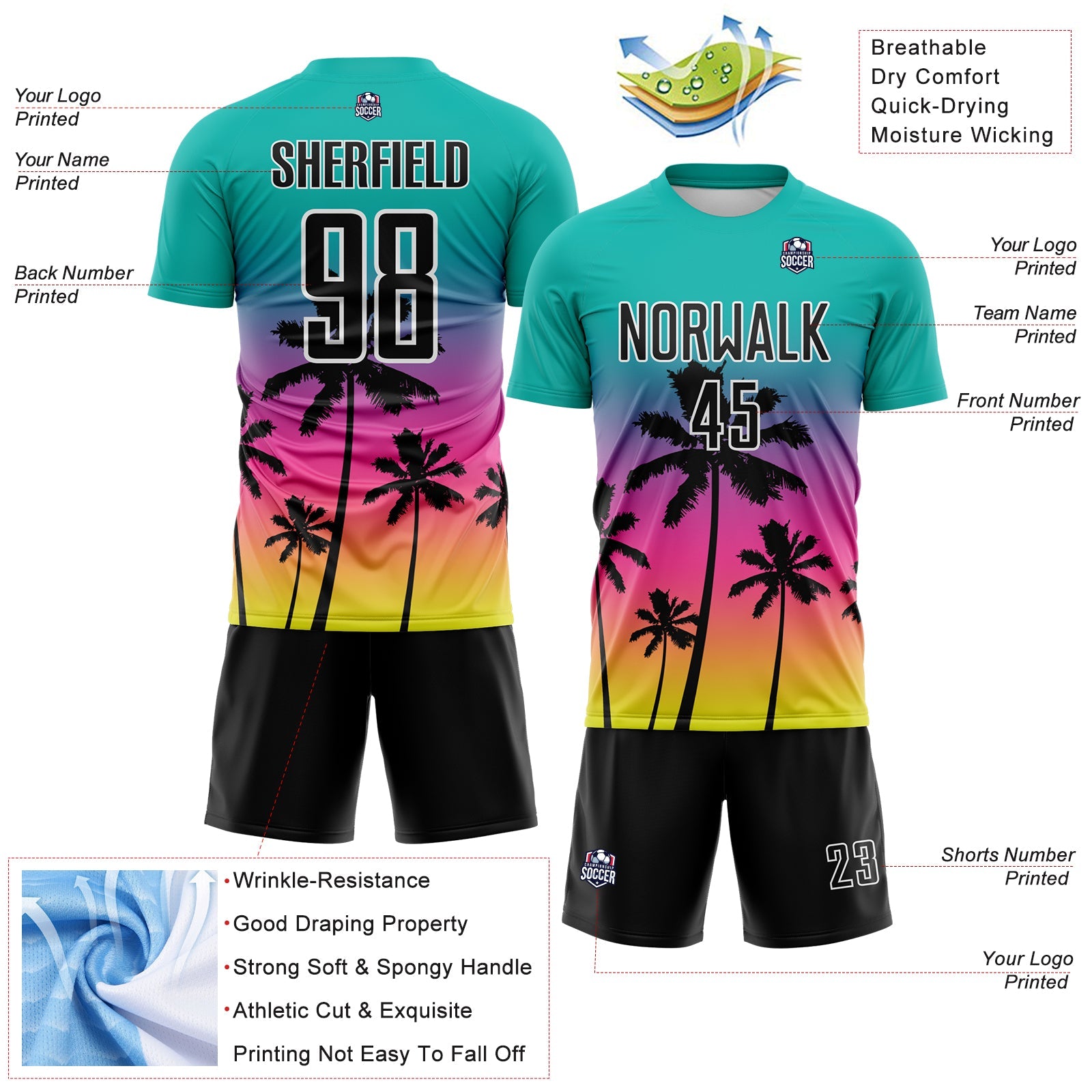 Custom Aqua Black Pink Neon Yellow-White Tropical Hawaii Palm Trees Gradient Sublimation Soccer Uniform Jersey