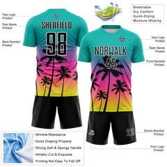 Custom Aqua Black Pink Neon Yellow-White Tropical Hawaii Palm Trees Gradient Sublimation Soccer Uniform Jersey