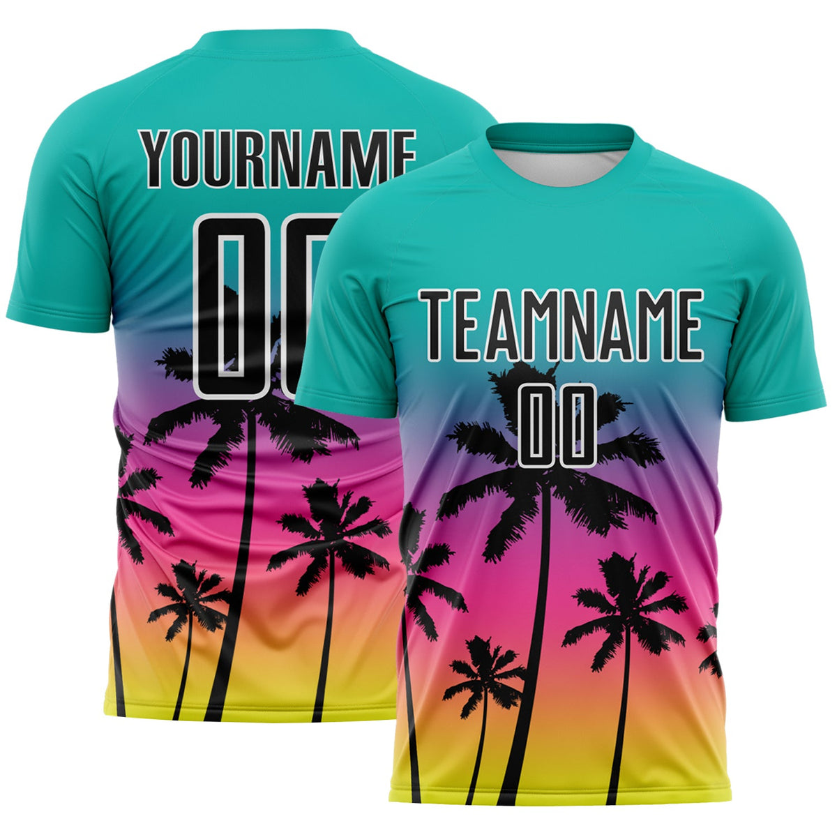 Custom Aqua Black Pink Neon Yellow-White Tropical Hawaii Palm Trees Gradient Sublimation Soccer Uniform Jersey