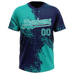 Custom Aqua Navy-White 3D Pattern Abstract Brush Stroke Two-Button Unisex Softball Jersey