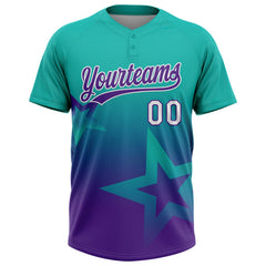 Custom Aqua Purple-White Gradient Style Twinkle Star Two-Button Unisex Softball Jersey