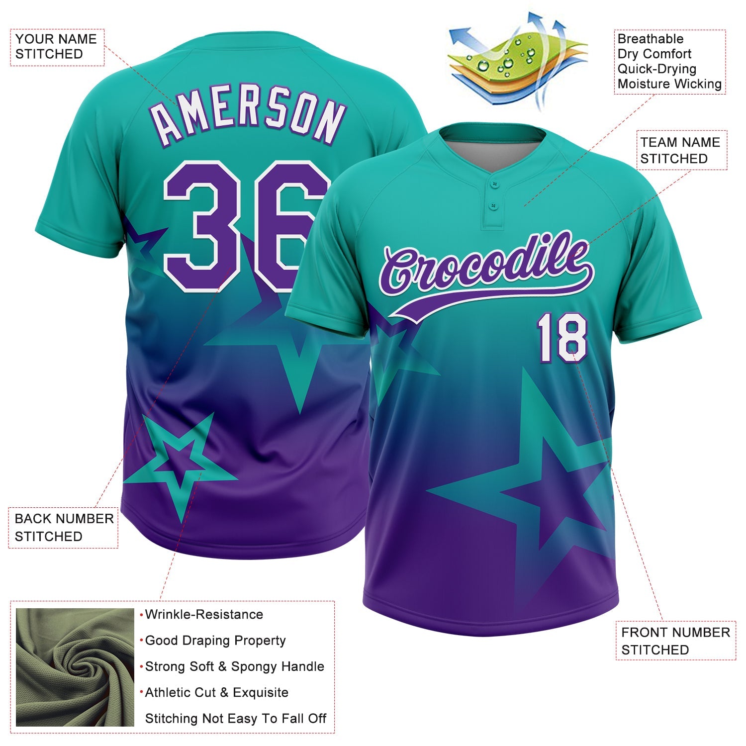 Custom Aqua Purple-White Gradient Style Twinkle Star Two-Button Unisex Softball Jersey