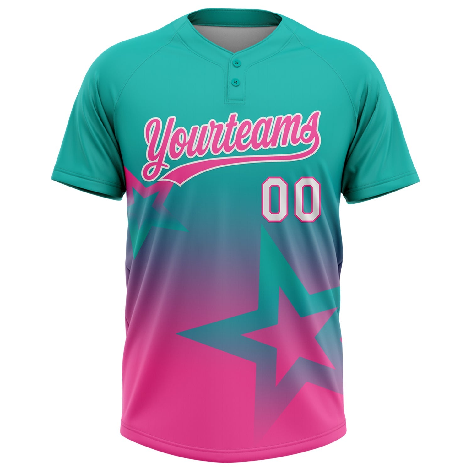 Custom Aqua Pink-White Gradient Style Twinkle Star Two-Button Unisex Softball Jersey