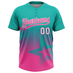 Custom Aqua Pink-White Gradient Style Twinkle Star Two-Button Unisex Softball Jersey