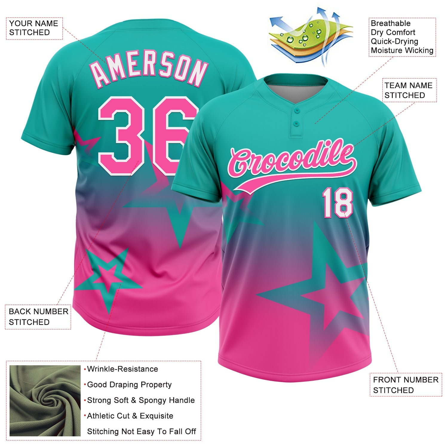 Custom Aqua Pink-White Gradient Style Twinkle Star Two-Button Unisex Softball Jersey