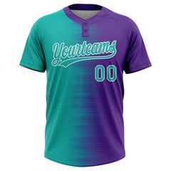 Custom Aqua Purple-White Gradient Horizontal Stripe Two-Button Unisex Softball Jersey