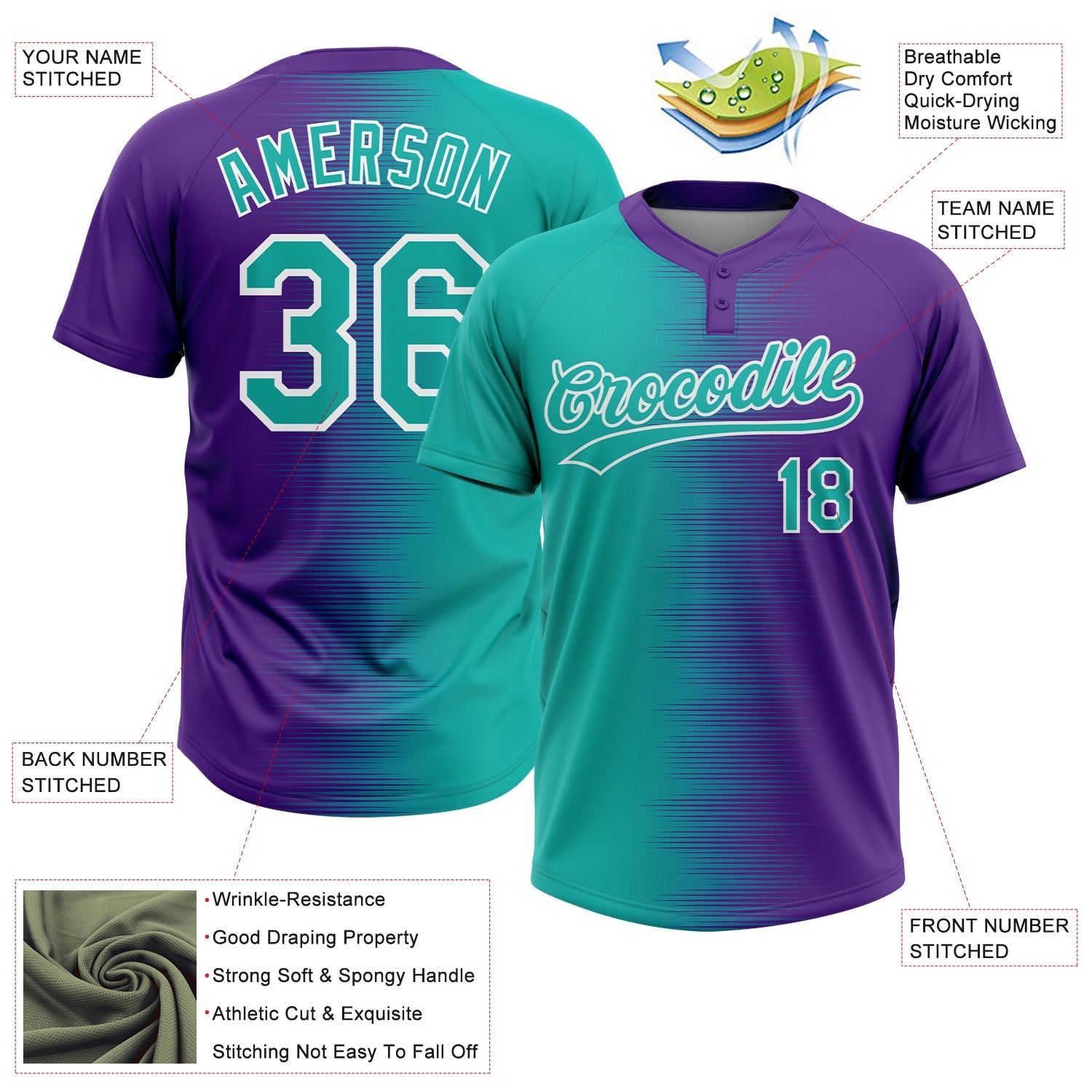 Custom Aqua Purple-White Gradient Horizontal Stripe Two-Button Unisex Softball Jersey