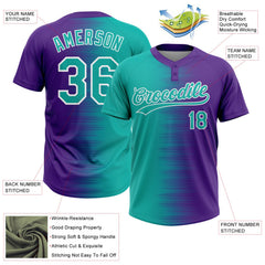 Custom Aqua Purple-White Gradient Horizontal Stripe Two-Button Unisex Softball Jersey