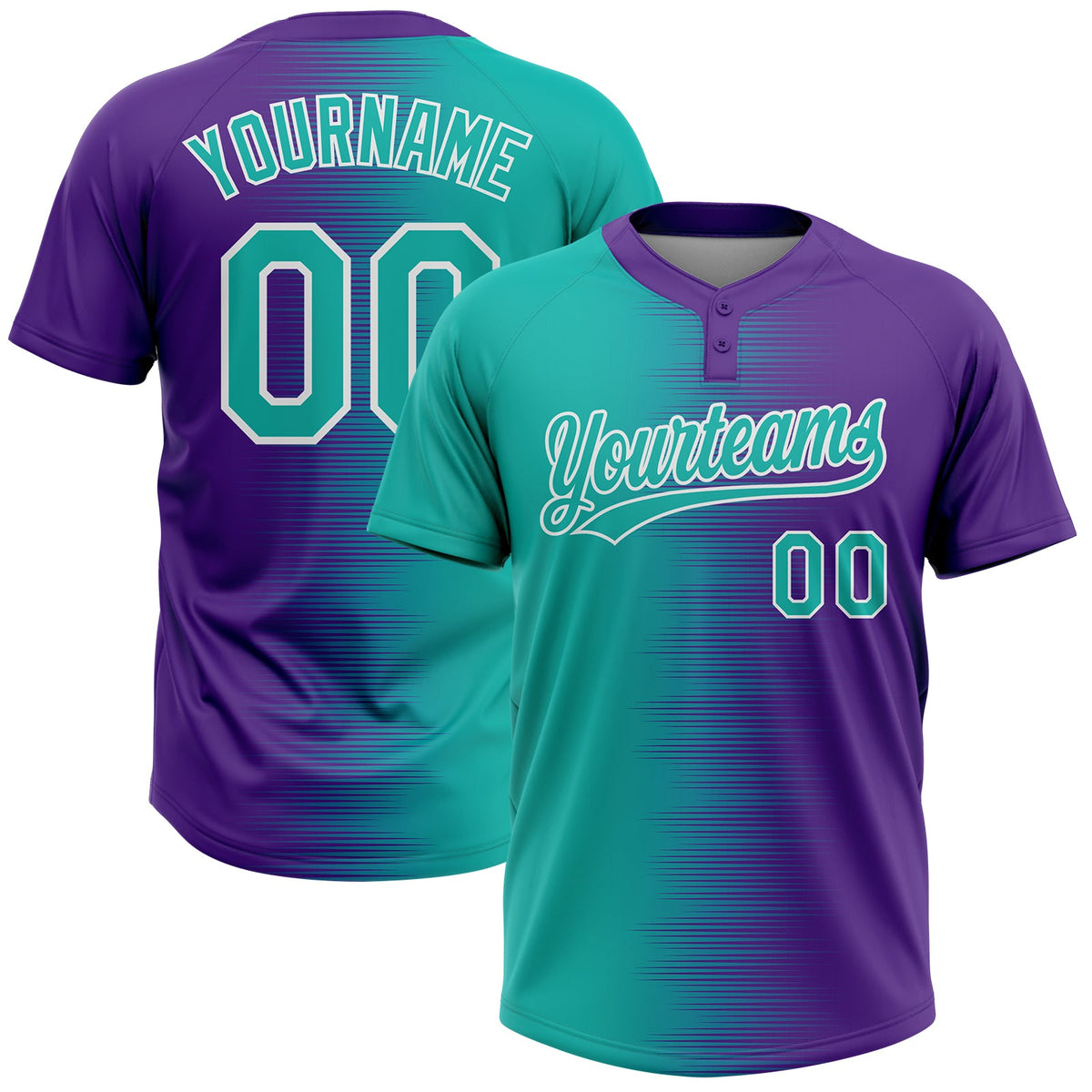Custom Aqua Purple-White Gradient Horizontal Stripe Two-Button Unisex Softball Jersey