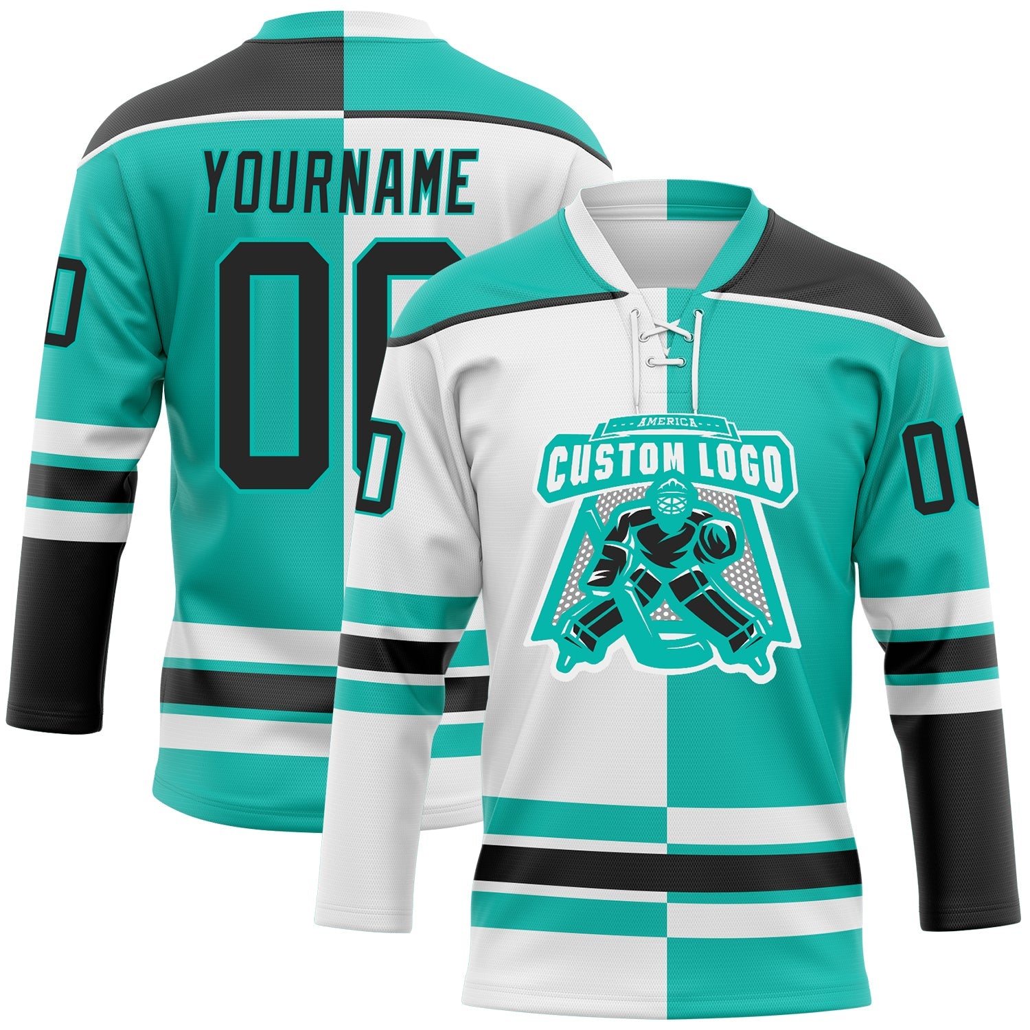 Custom Aqua Black-White Split Fashion Hockey Lace Neck Jersey