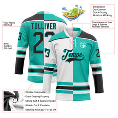 Custom Aqua Black-White Split Fashion Hockey Lace Neck Jersey